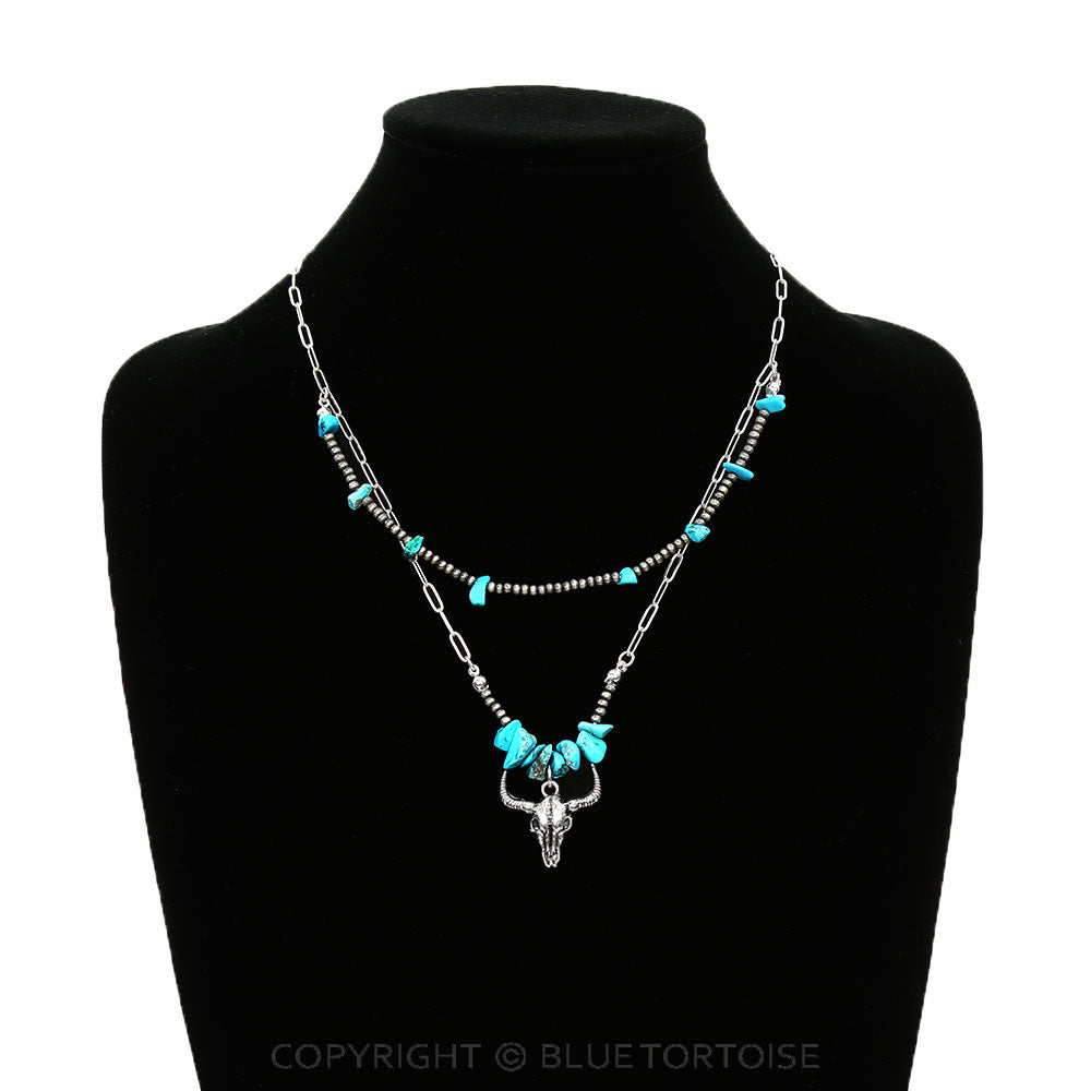 2 Layered Western Steer Skull Pendant Necklace/PINK