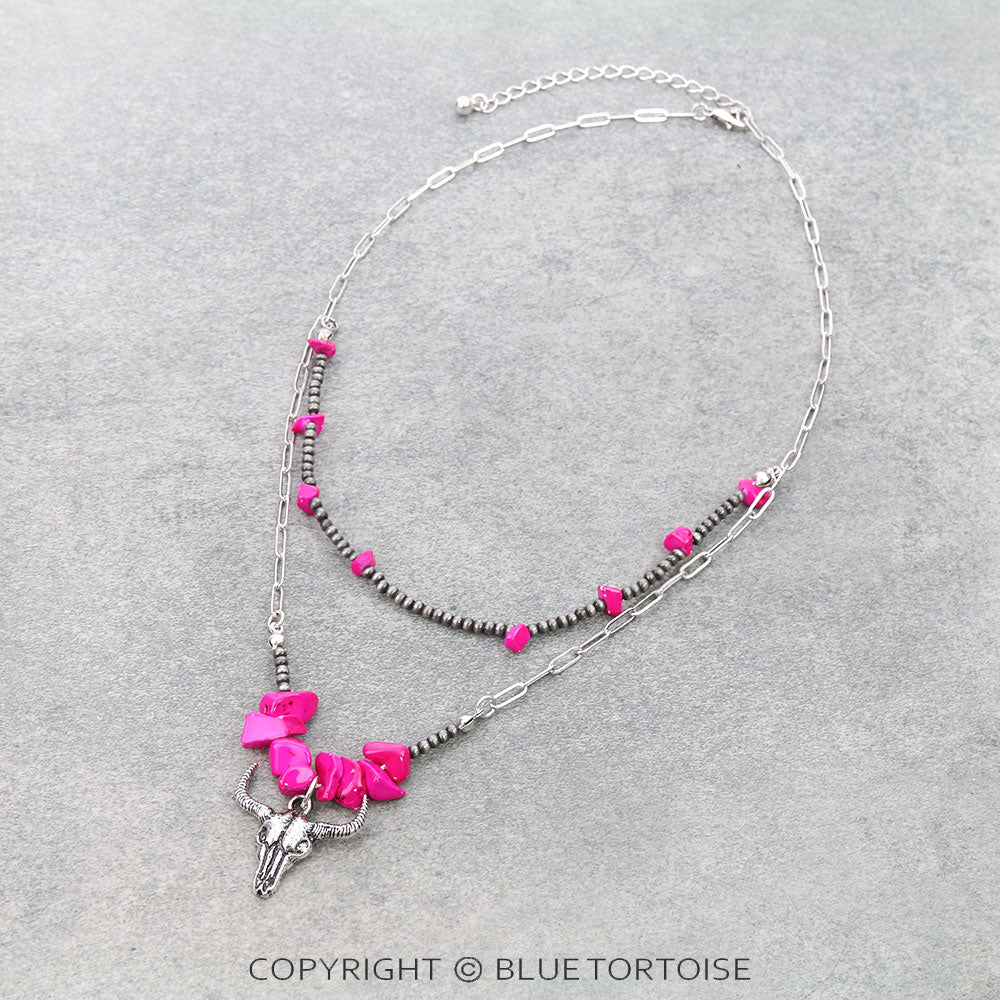2 Layered Western Steer Skull Pendant Necklace/PINK