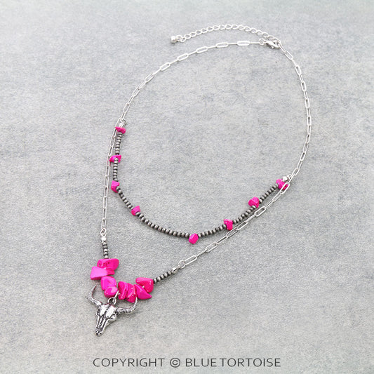 2 Layered Western Steer Skull Pendant Necklace/PINK