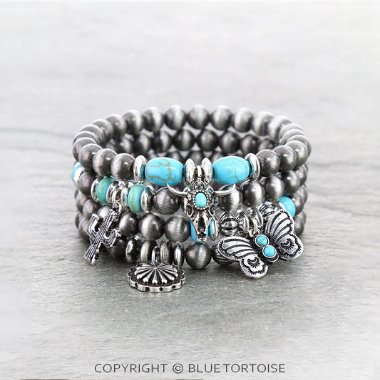 Navajo Style Pearl with Western Charm Stackable Bracelets