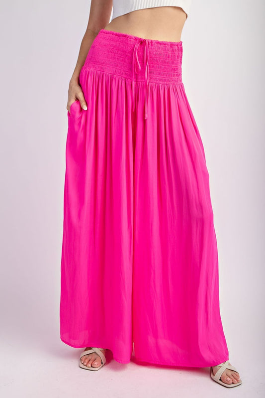 SMOCKED WAIST TIE WIDE LEG PANTS