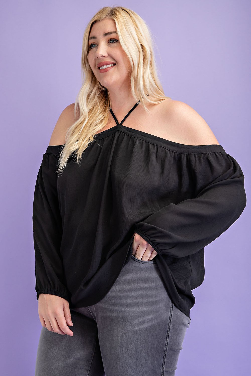 PLUS SOLID OFF THE SHOULDER TOP WITH STRAP DETAIL/BLACK