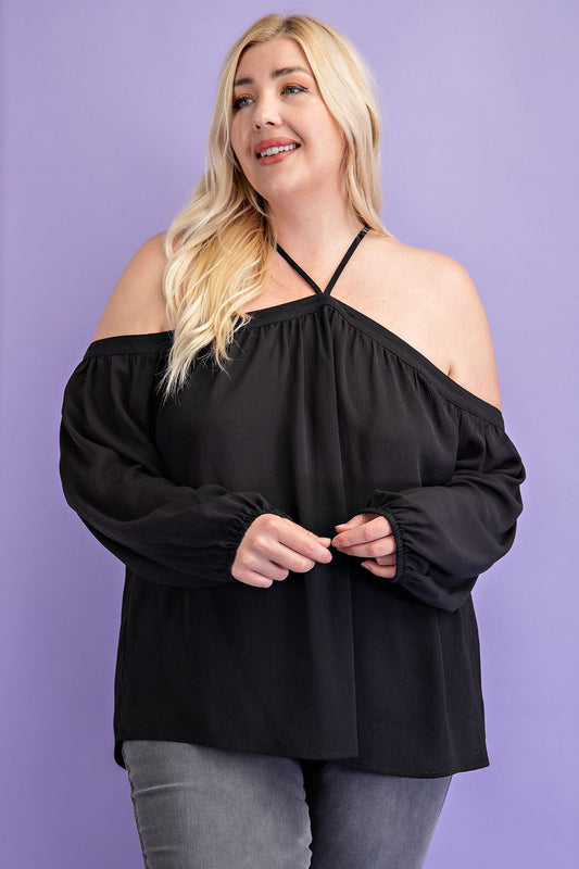 PLUS SOLID OFF THE SHOULDER TOP WITH STRAP DETAIL/BLACK