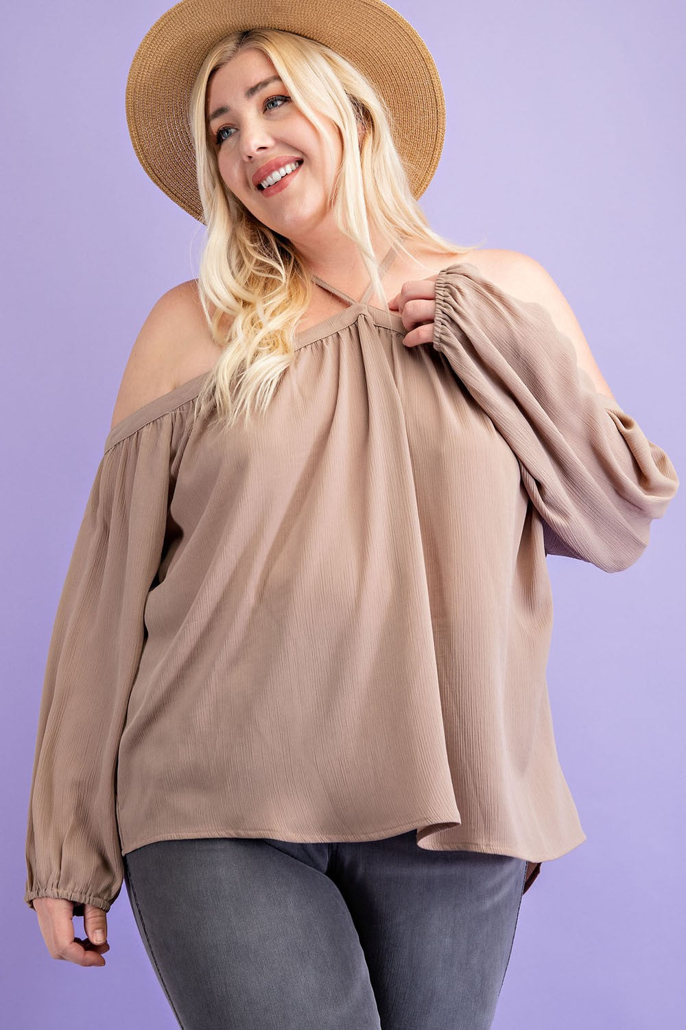 PLUS SOLID OFF THE SHOULDER TOP WITH STRAP DETAIL/COCO