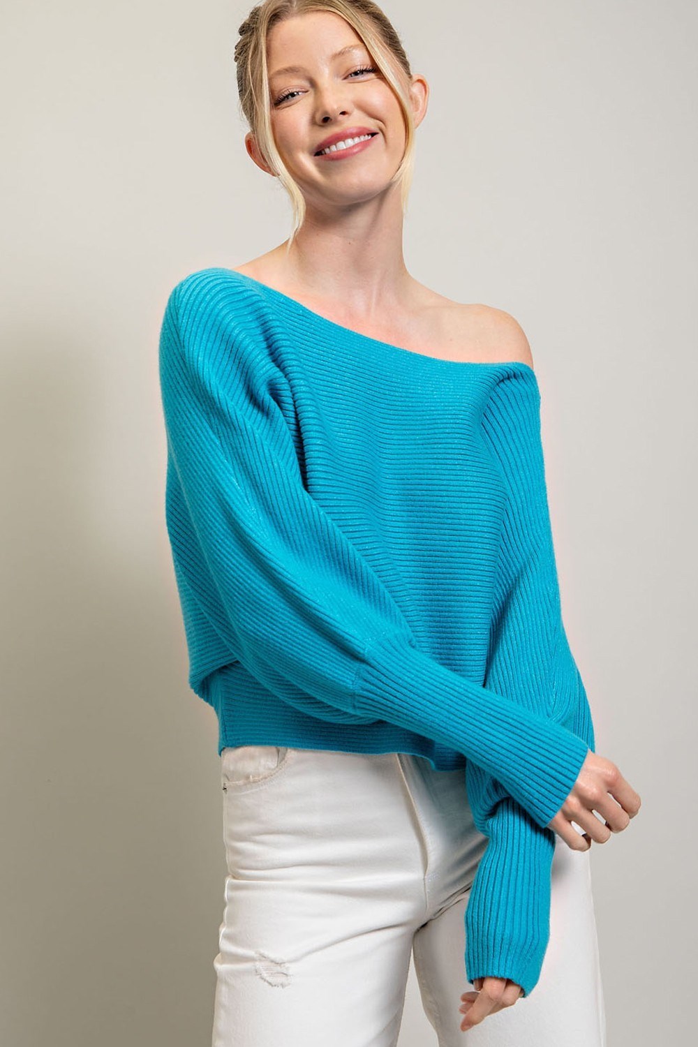 RIBBED DOLMAN SLEEVE SWEATER TOP