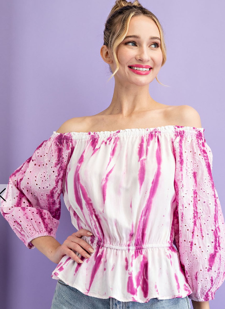 TIE DYE EYELET OFF SHOULDER TOP
