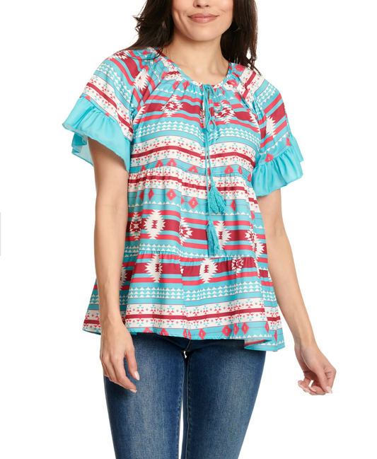 TURQ BABYDOLL AZTEC PRINT