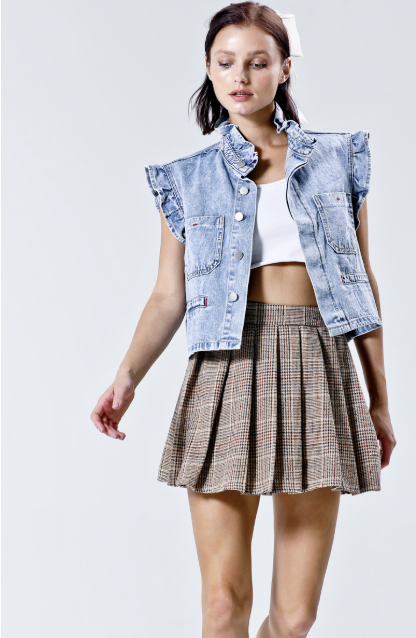 Ruffle hemming detail washed denim vest.- Light Denim