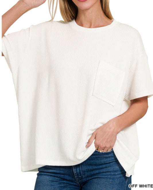 Corded rib short sleeve front pocket top white