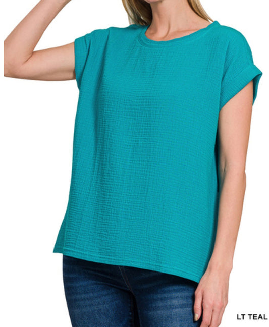 Double gauze round neck folded short sleeve top