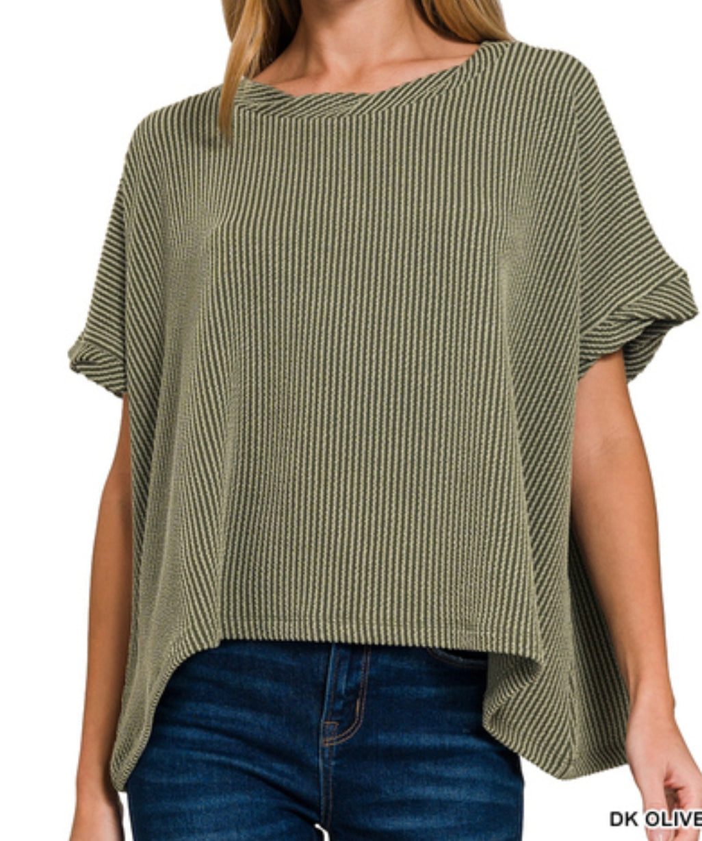 Olive textured line short twisted sleeve top