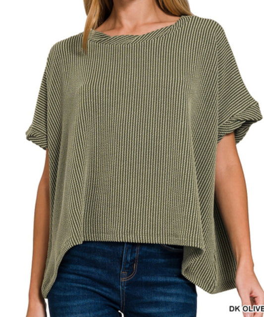 Olive textured line short twisted sleeve top
