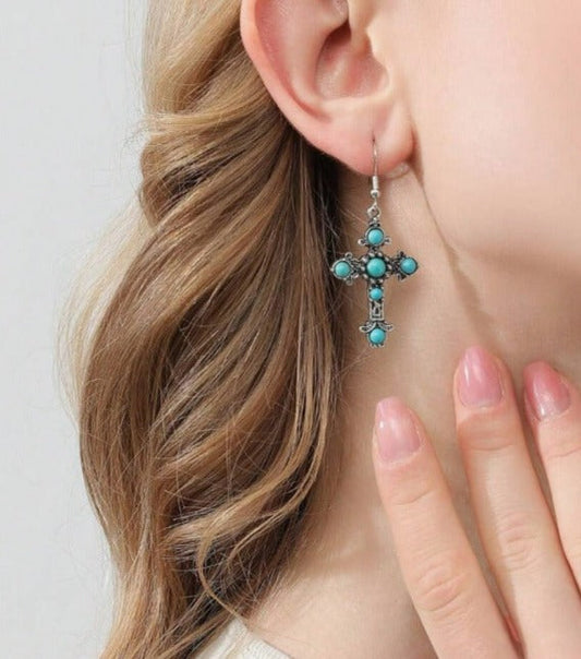 1pair Western Style Alloy Vintage Gothic Cross Earrings With Natural Turquoise Stones, Gift For Mother, Students, Teachers; Suitable For Beach Vacation Style