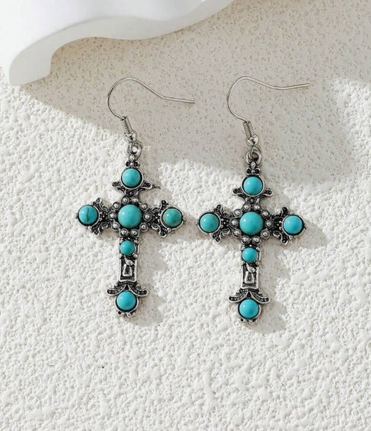 1pair Western Style Alloy Vintage Gothic Cross Earrings With Natural Turquoise Stones, Gift For Mother, Students, Teachers; Suitable For Beach Vacation Style
