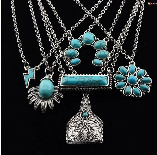 1 Pc  Vintage Western Cowboy Style Turquoise Charm Pendant Chain Necklace, Suitable For Women's Daily Wear