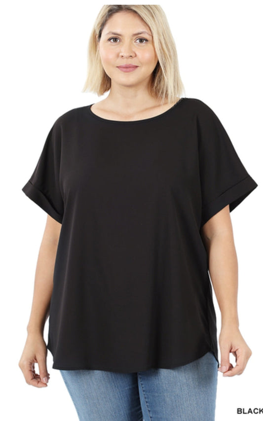 Woven heavy dobby rolled sleeve boat neck top