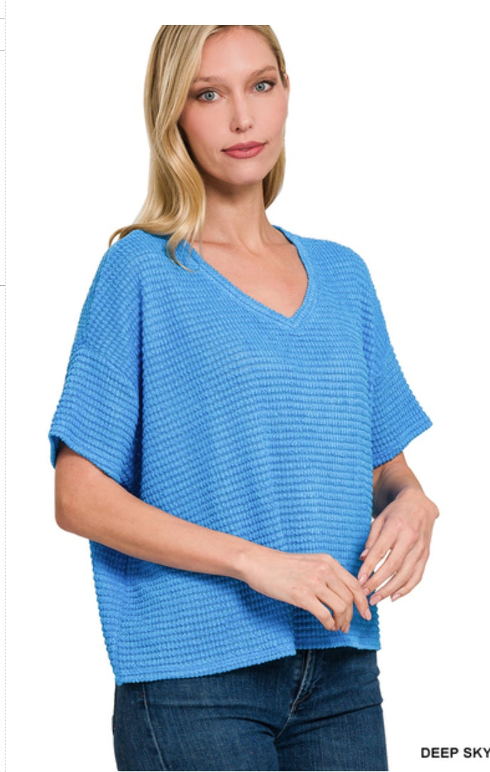 Drop shoulder short sleeve jacquard sweater
