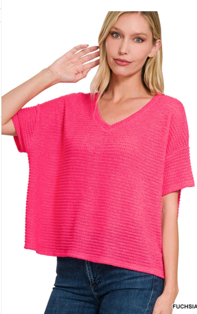 Drop shoulder short sleeve jacquard sweater