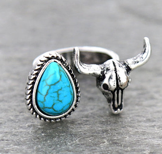 Western Steer Skull Stone Cuff Ring