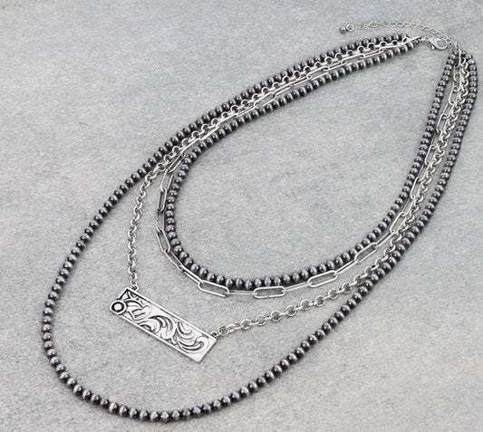 4 Layered Navajo Style Pearl with Bar Necklace