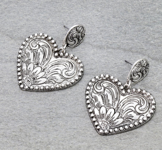 Western Heart Etched Stud Earrings