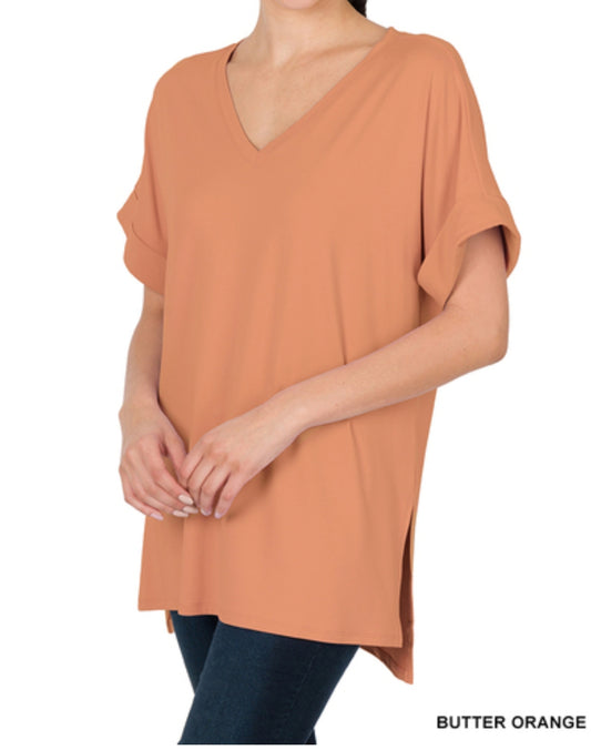 Brushed dty rolled short sleeve v-neck top