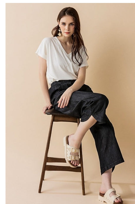 Denim Wide Leg Crop Pants with Dolphine Tail Hem