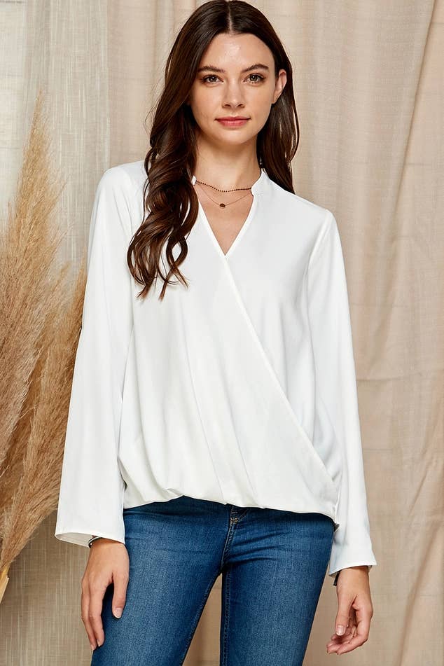 SP4732T-24926 - WOMEN SOLID WRAP CROSSOVER BLOUSE
