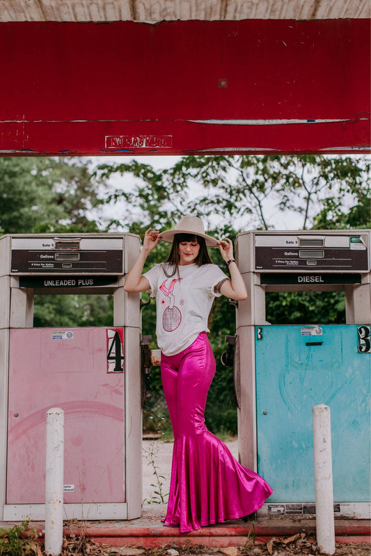 MK175 Miss Vegas Pink Metallic Bell Pants
