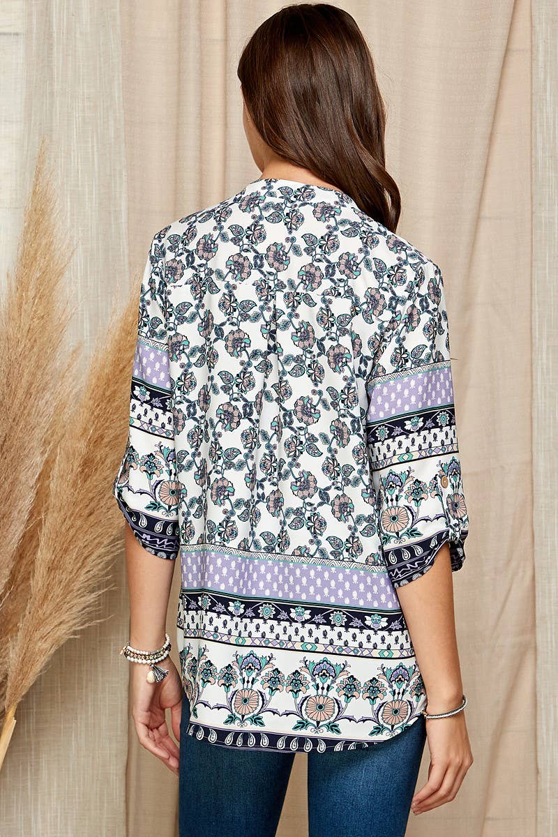 WOMEN MULTI FLORAL COLLAR ROLL UP SLEEVE TOP