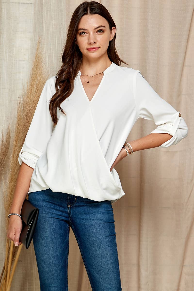 SP4732T-24926 - WOMEN SOLID WRAP CROSSOVER BLOUSE
