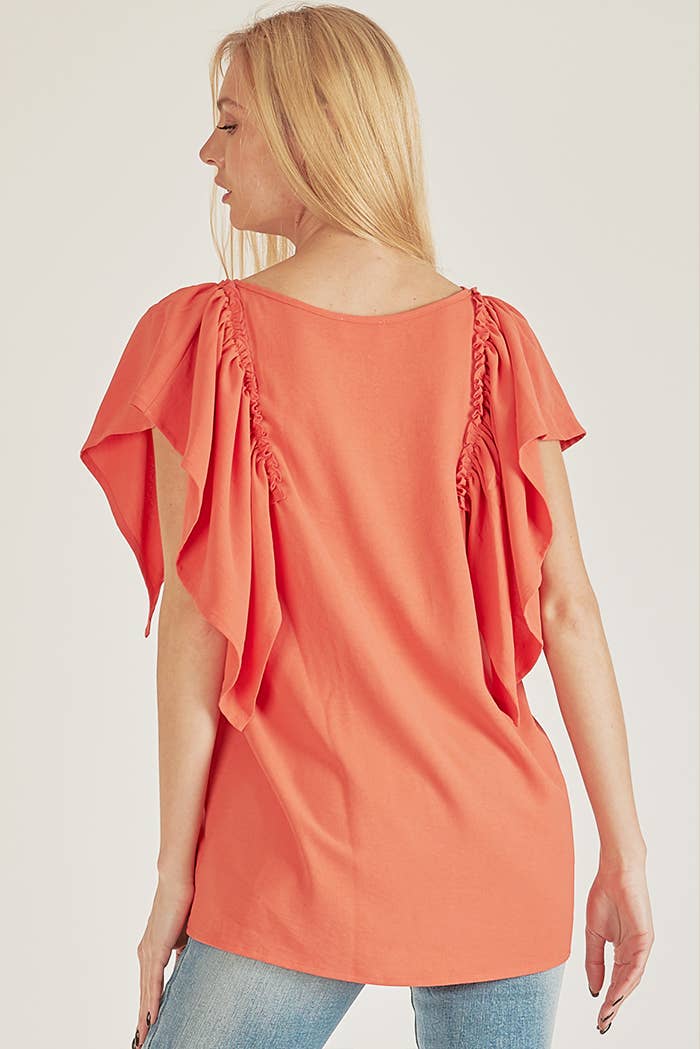 SPT5209 - WOMEN SOLID SHORT RUFFLE SLEEVE LOOSE FITTING TOP