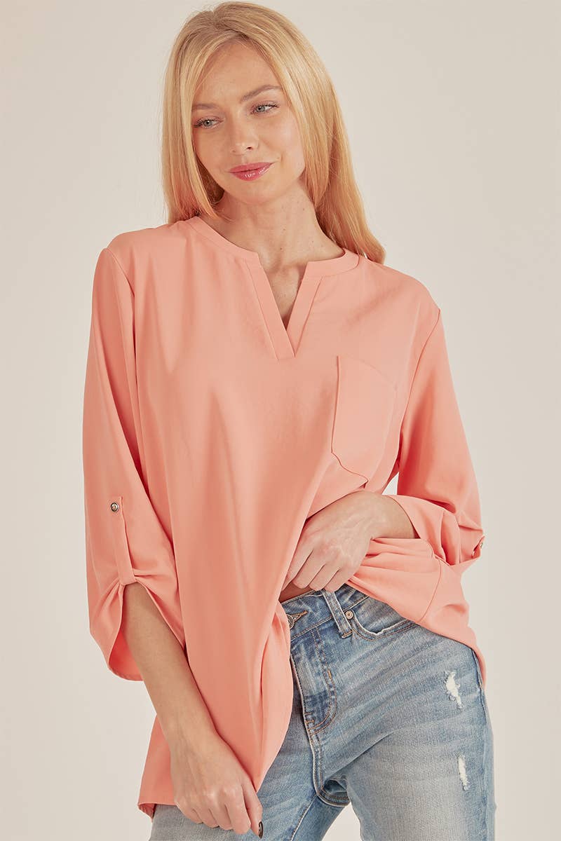SPT5205. - WOMEN FRONT POCKET SOLID SLIT OPEN LOOSE FIT TOP CORAL