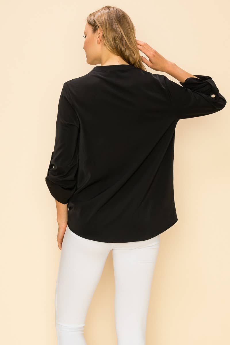 SP4732T-24156 - WOMEN FAUX WRAP BAND COLLAR BLOUSE