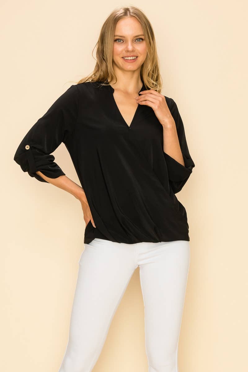 SP4732T-24156 - WOMEN FAUX WRAP BAND COLLAR BLOUSE