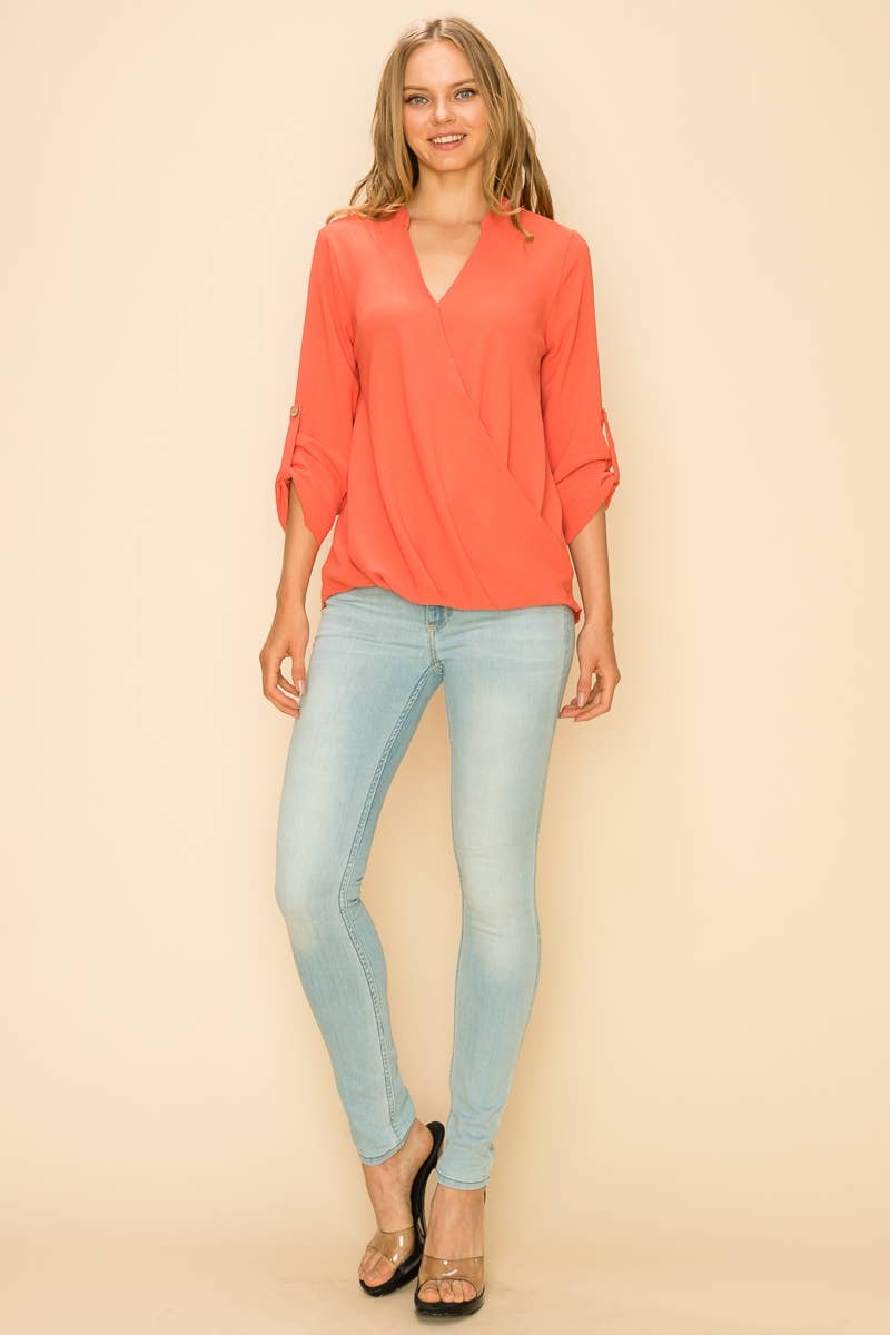 SP4732T-24156 - WOMEN FAUX WRAP BAND COLLAR BLOUSE
