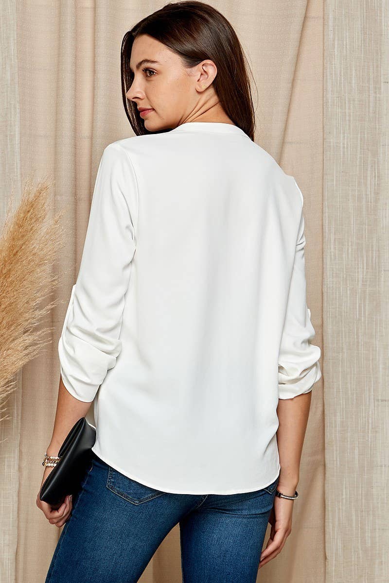 SP4732T-24926 - WOMEN SOLID WRAP CROSSOVER BLOUSE