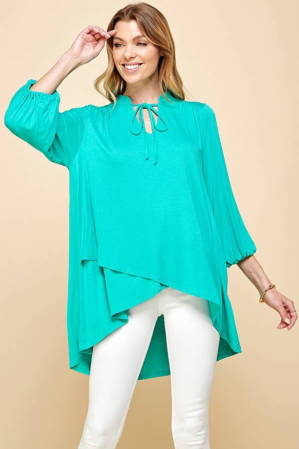 ST4061 - WOMEN SOLID COLLAR BAND WRAP TOP WITH TIE LACES
