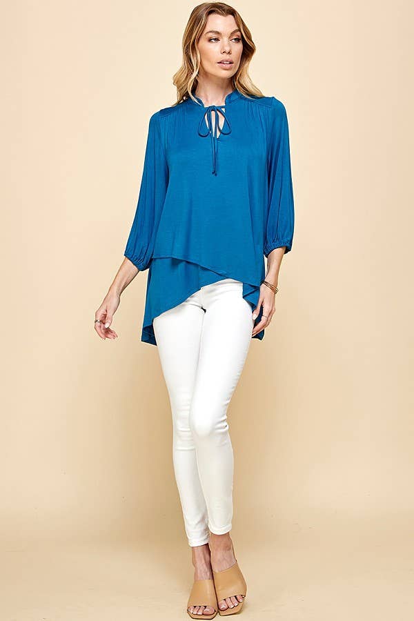 ST4061 - WOMEN SOLID COLLAR BAND WRAP TOP WITH TIE LACES