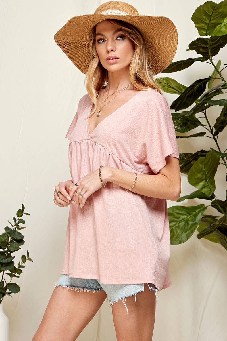 ST21043A - WOMEN SOLID SOFT V NECK BABY DOLL BLOUSE