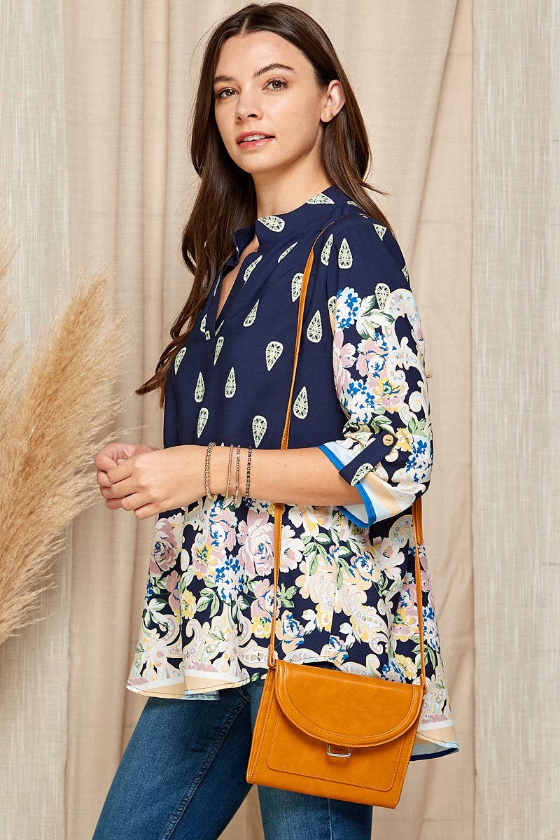 WOMEN MULTI FLORAL COLLAR ROLL UP SLEEVE TOP