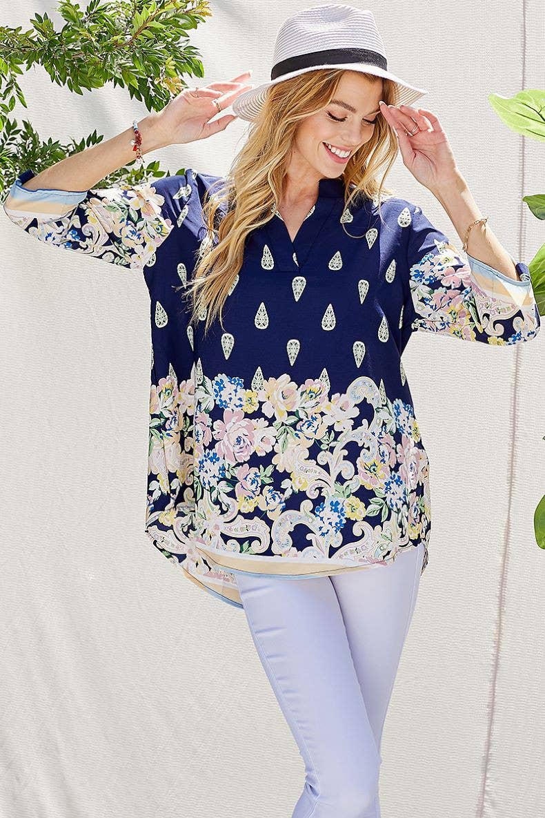 WOMEN MULTI FLORAL COLLAR ROLL UP SLEEVE TOP