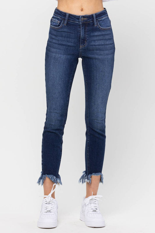 Mid Rise Chew Hem Skinny Jeans- Dark Wash