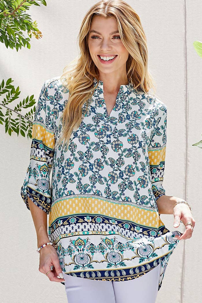WOMEN MULTI FLORAL COLLAR ROLL UP SLEEVE TOP