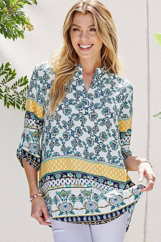 WOMEN MULTI FLORAL COLLAR ROLL UP SLEEVE TOP