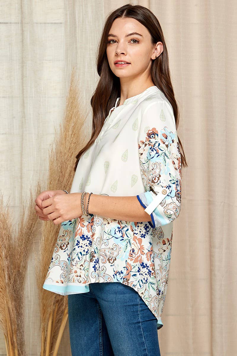 WOMEN MULTI FLORAL COLLAR ROLL UP SLEEVE TOP