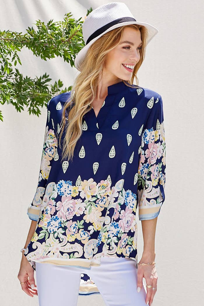 WOMEN MULTI FLORAL COLLAR ROLL UP SLEEVE TOP