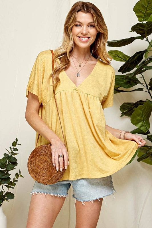 ST21043A - WOMEN SOLID SOFT V NECK BABY DOLL BLOUSE