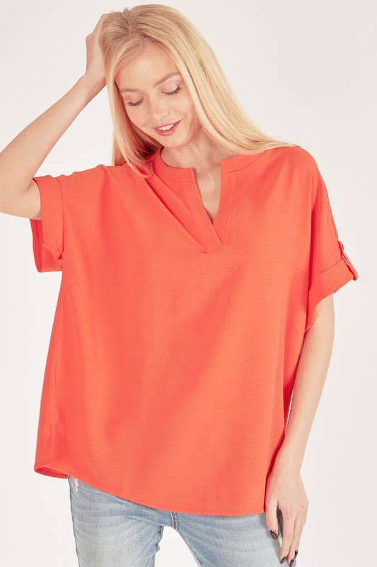 SPT5211 - WOMEN SHORT BUTTON SLEEVE FRONT SLIT LOOSE FIT TOP