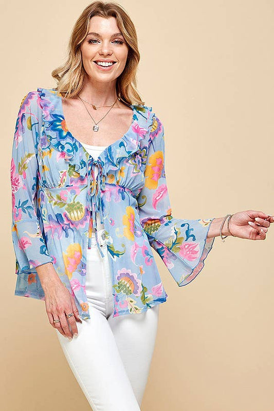 WOMEN MESH FLORAL TIE FRONT BELL SLEEVE TOP